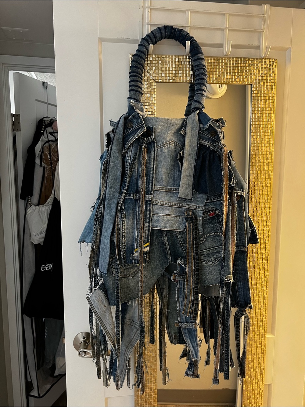 Blue Denim Fringe Shoulder Bag - Distressed Jeans Patchwork… LARGE